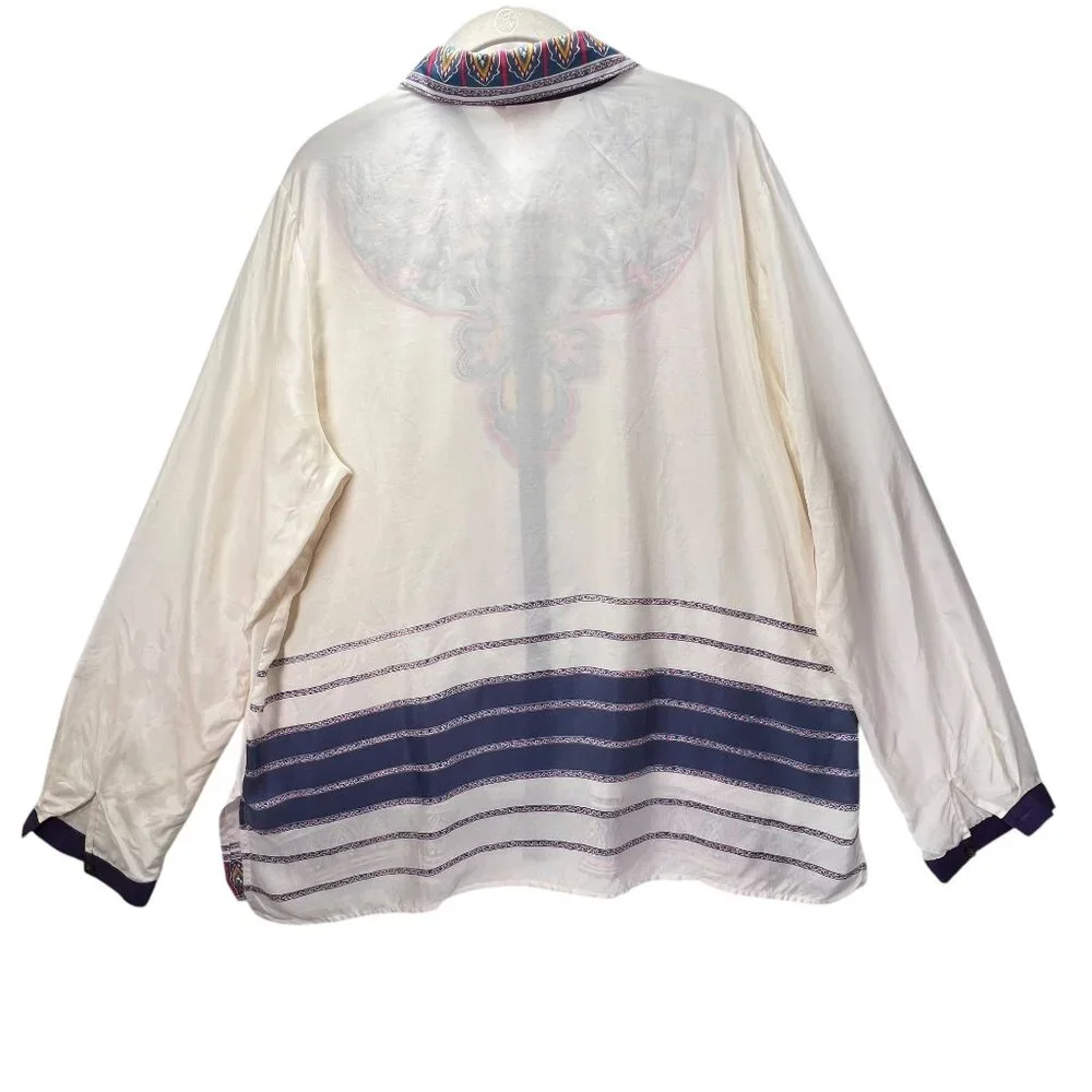 Sundance XL 100% Silk Button Up Blouse Ivory Whimsical Paisley Semi Sheer Collar - Picture 2 of 10